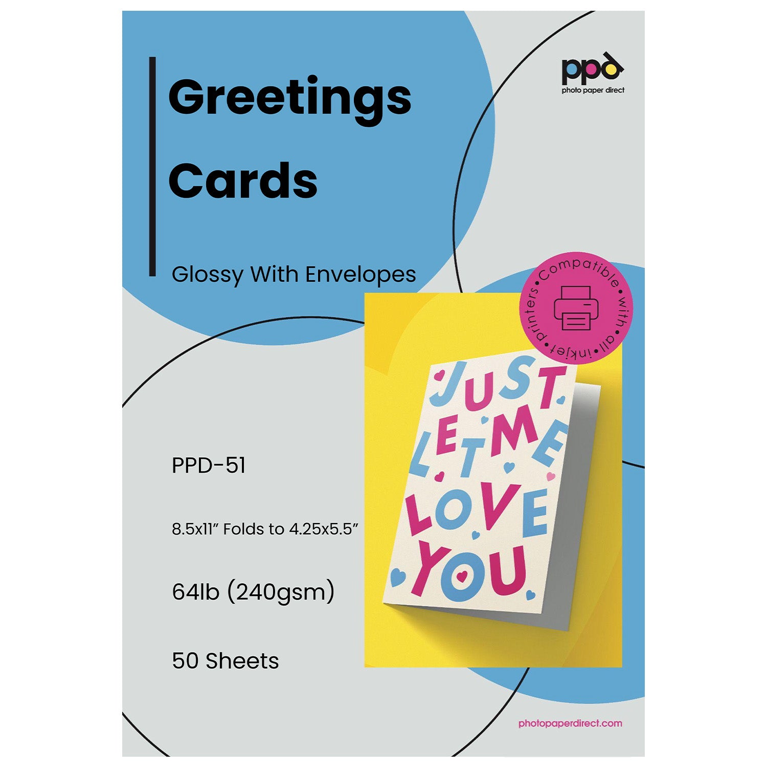 Inkjet Large Glossy Printable Greeting Cards LTR 8.5 x 11" folding to 5.5 x 8.5" 64lbs. 240gsm 10.9mil With Envelopes PPD-51-ENV