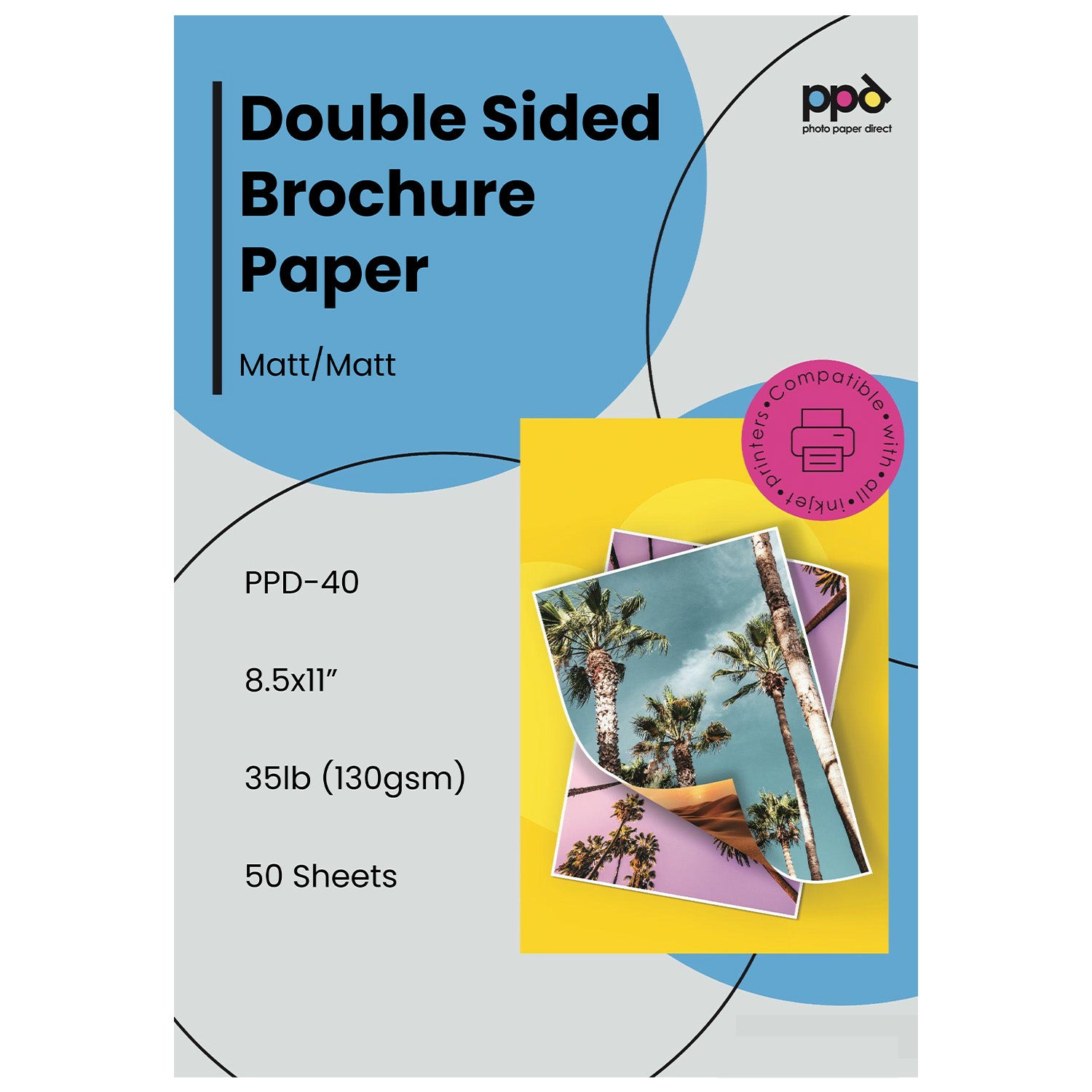 Inkjet Brochure Paper Double Sided Smooth Matte Finish 35lb. 130gsm 6.3mil 8.5 x 11" PPD-40