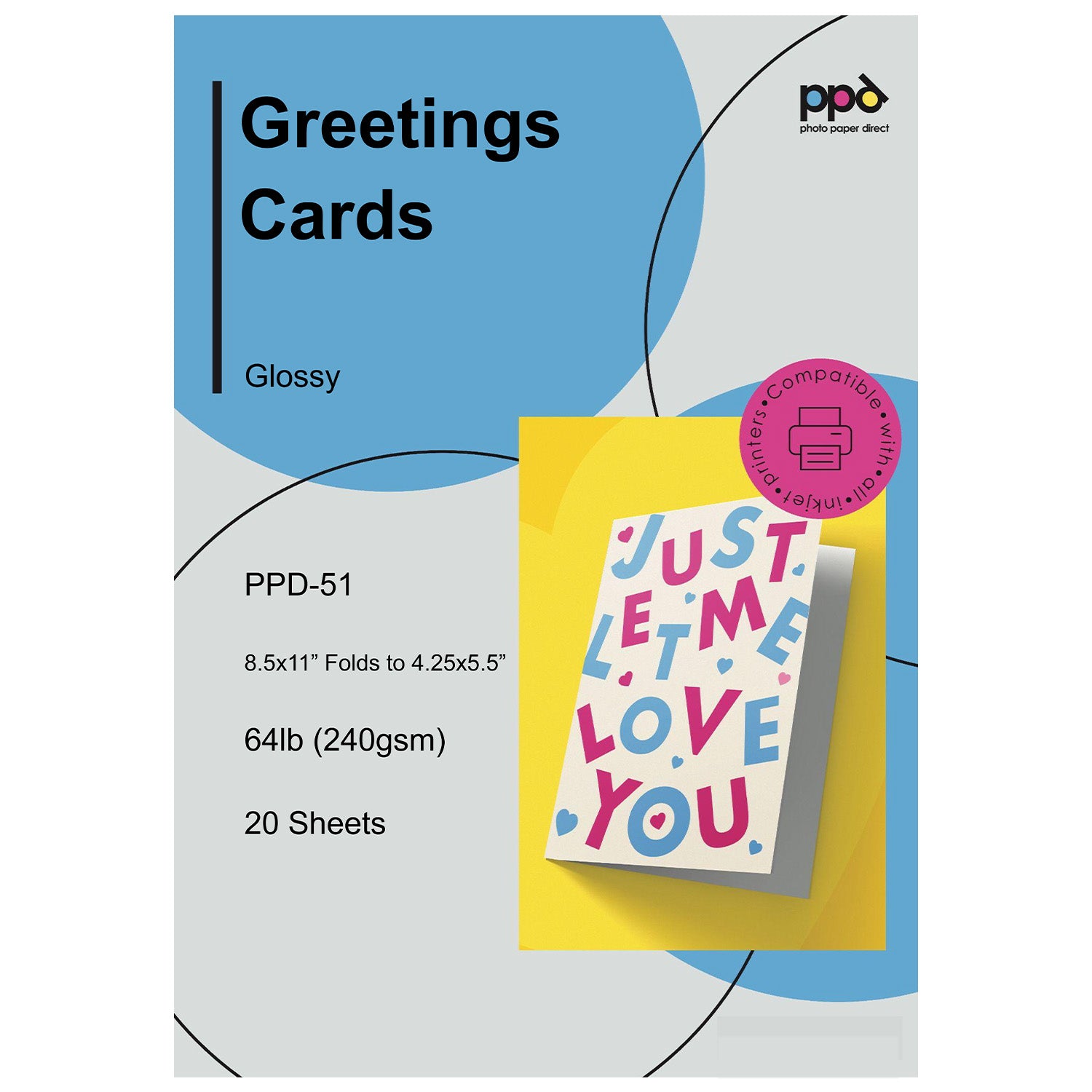 Inkjet Printable Greeting Cards Glossy 8.5 x 11" 64lb. 240gsm 10.9mil PPD-51