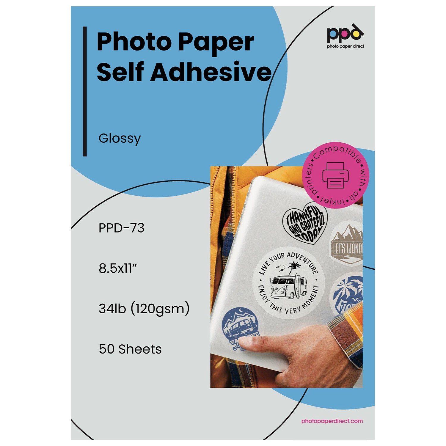 PPD Inkjet Glossy Photo Sticker Paper 35lbs 120gsm 8.5x11 Full Sheet Self Adhesive Instant Dry True Photographic Quality PPD-73