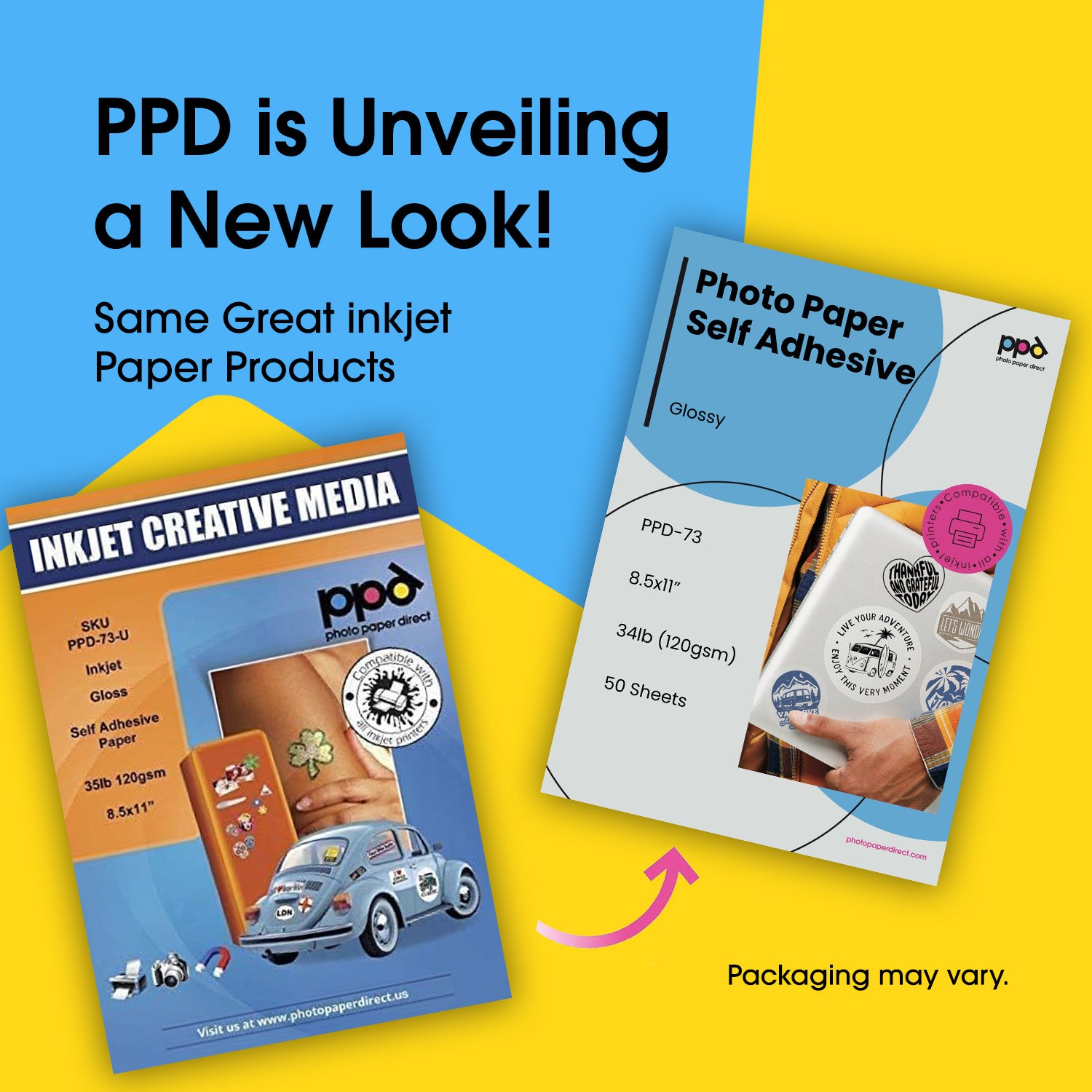 PPD Inkjet Glossy Photo Sticker Paper 35lbs 120gsm 8.5x11 Full Sheet Self Adhesive Instant Dry True Photographic Quality PPD-73