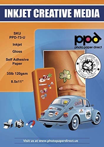 PPD Inkjet Glossy Photo Sticker Paper 35lbs 120gsm 8.5x11 Full Sheet Self Adhesive Instant Dry True Photographic Quality PPD-73