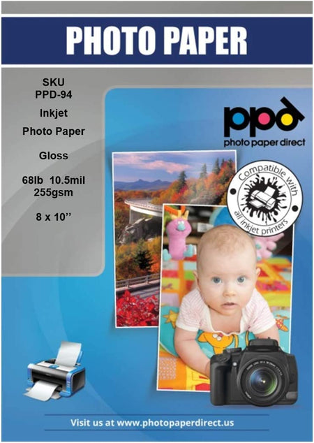 Inkjet Premium Photo Paper Glossy 68lb. 255gsm 10.5mil 8 x 10" PPD-94
