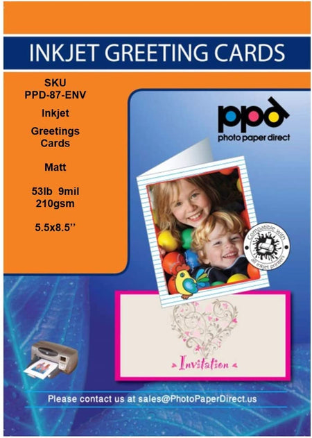 Inkjet Matte Printable Greeting Cards 5.5 x 8.5" 53lbs. 210gsm 9mil With Envelopes-50 Sheets PPD-87-ENV