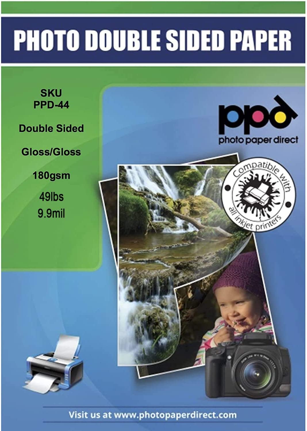 Inkjet Photo Paper Double Sided Gloss/Gloss 49lb. 180gsm 9.9mil 8.5x11" PPD-44