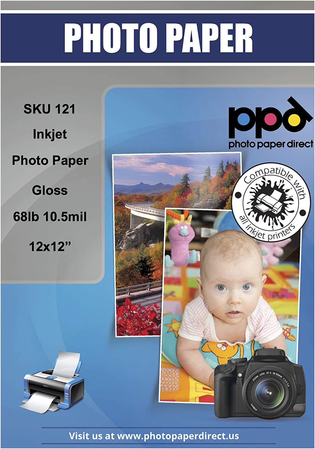 PPD Inkjet Glossy Super Premium Photo Paper 12x12" 68lbs. 255gsm 10.5mil x 50 Sheets PPD-121