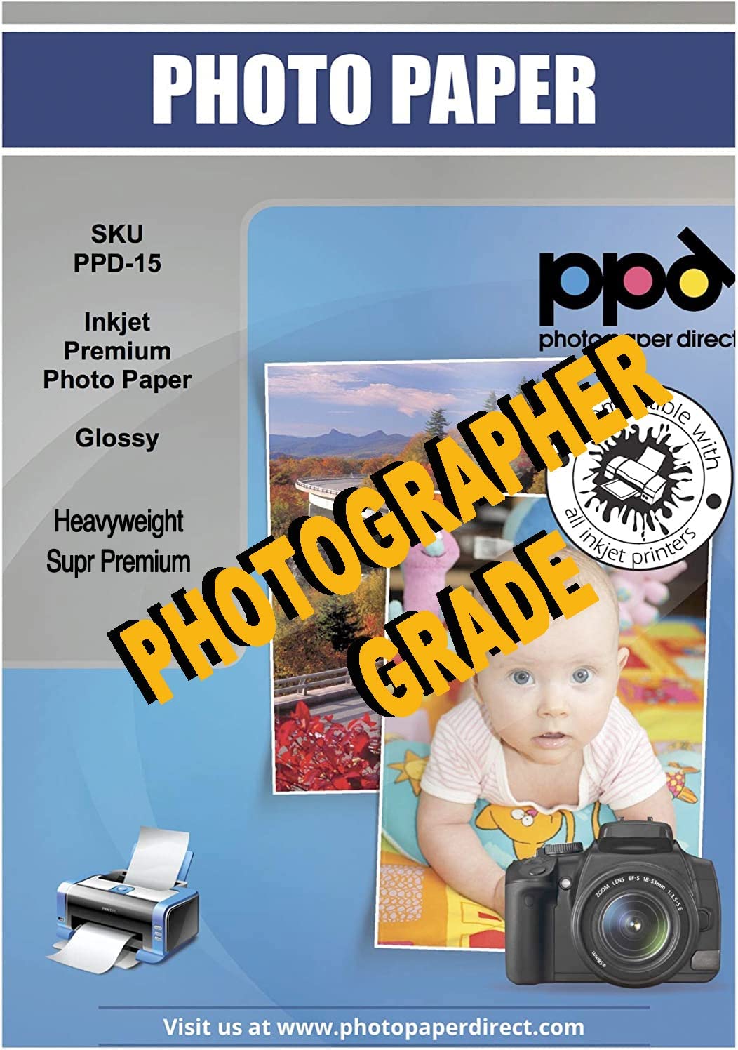 PPD Inkjet Premium Photo Paper Glossy 8.5 x 11" 68lb. 255gsm 10.5mil PPD-15
