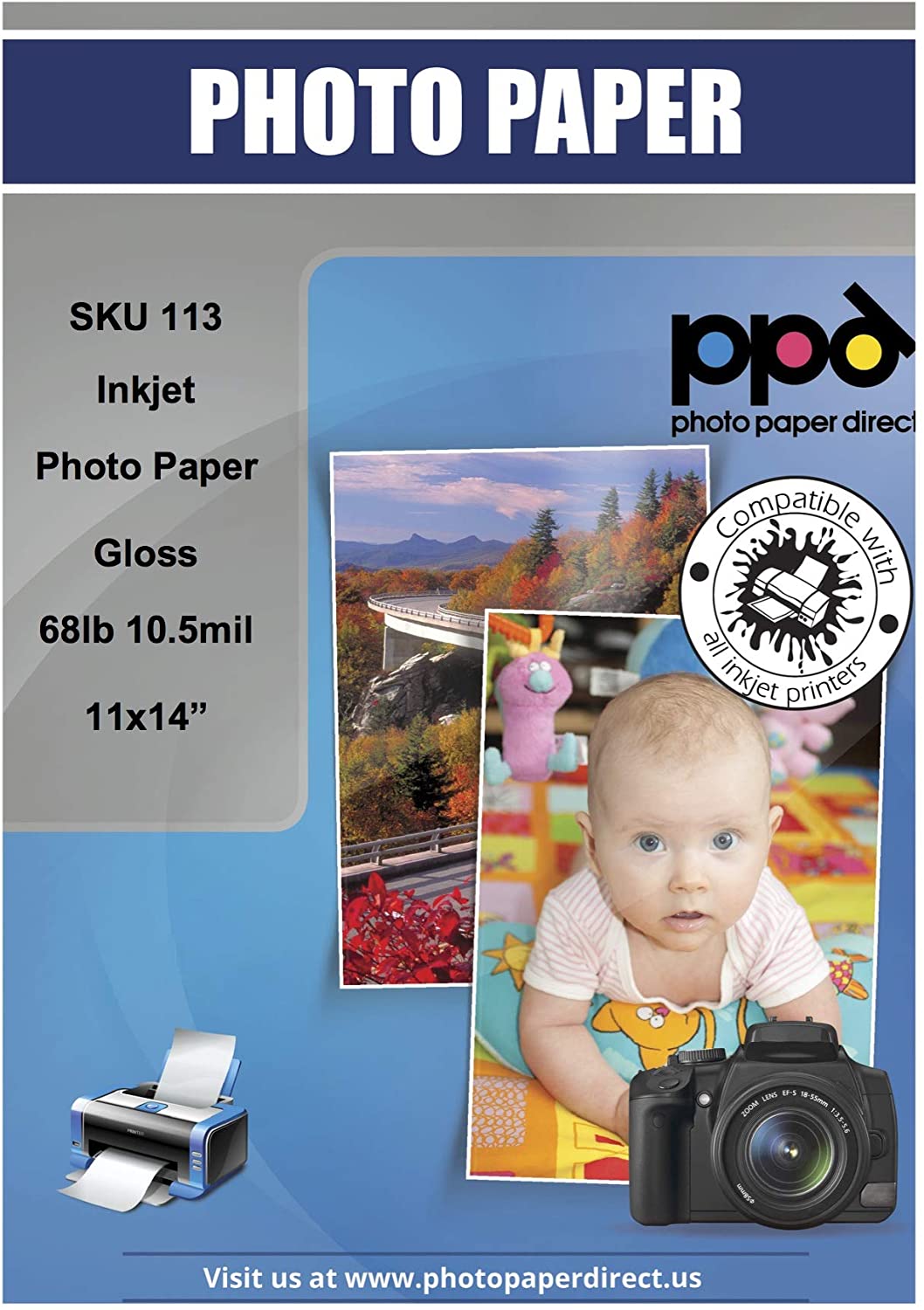 Inkjet Premium Photo Paper Glossy 68lb. 255gsm 10.5mil 11 x 14" PPD-113