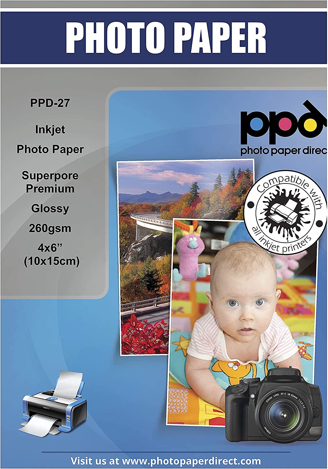 PPD 4x6 High Gloss Photo Paper For Inkjet 64lbs 240gsm 10.9mil Heavyweight Instant Dry and Water-Resistant x 50 Sheets PPD-27