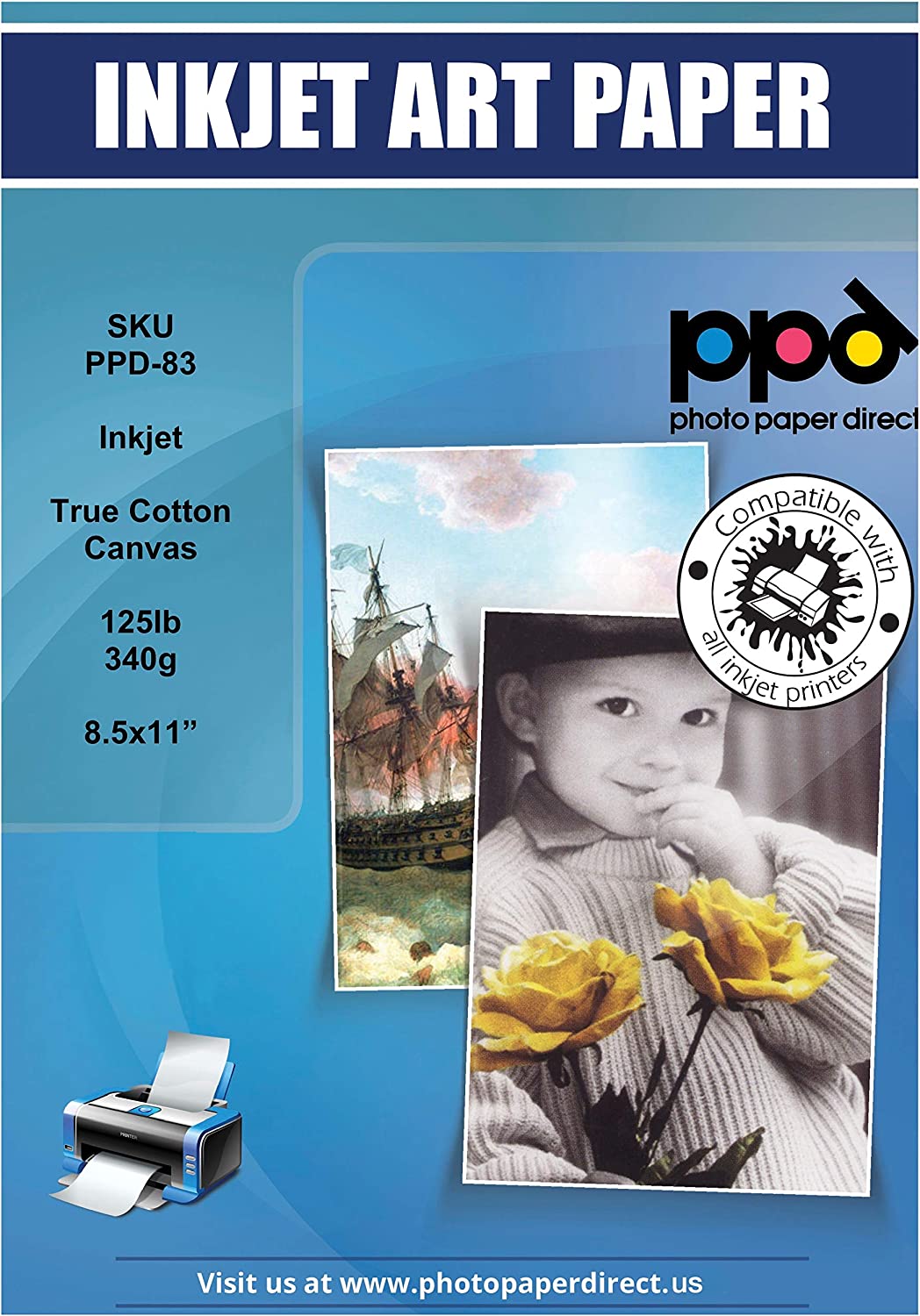 Inkjet Printable Canvas 100% Real Cotton 8.5x11" 340g 125lb 17mil PPD-83