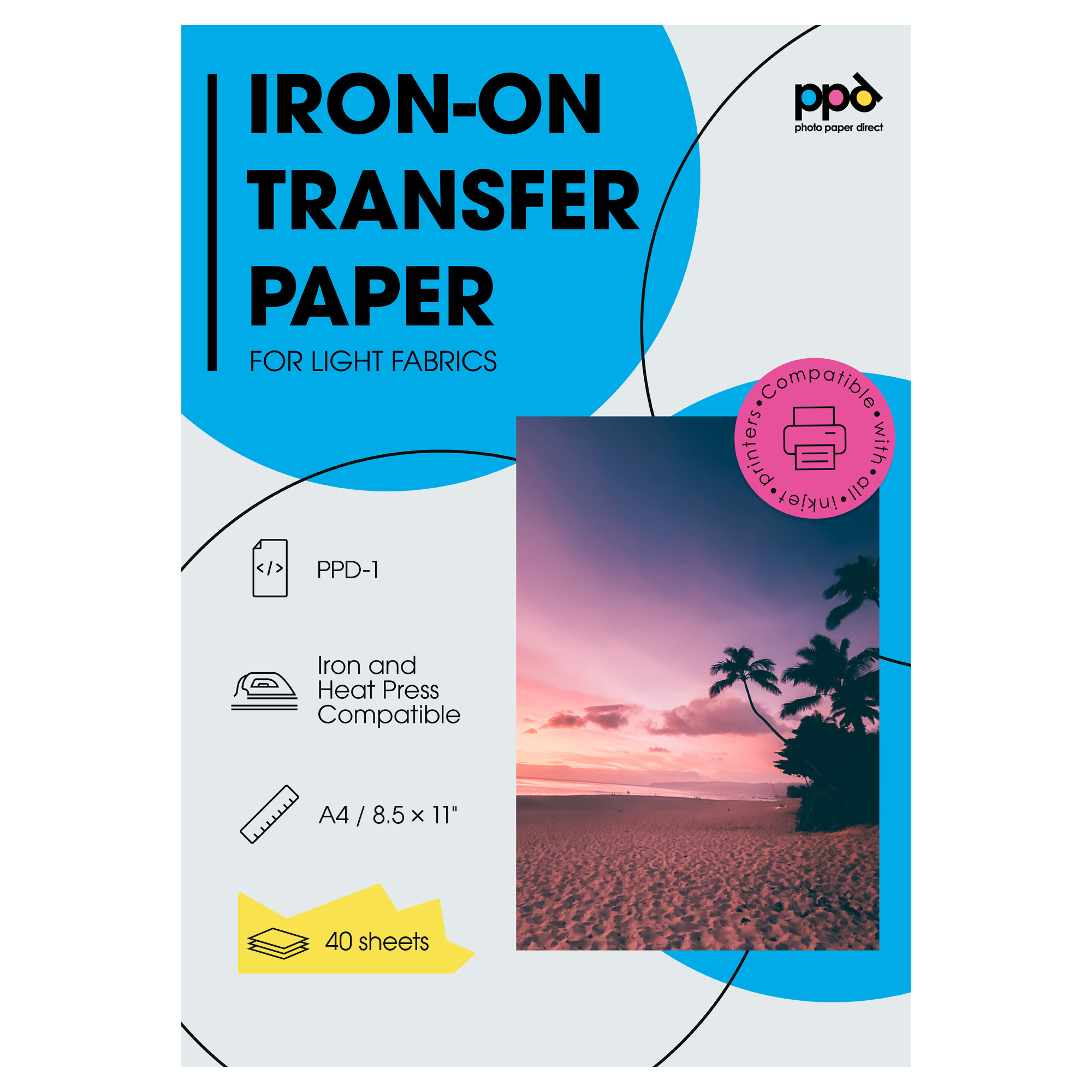 PPD Inkjet Iron-On White and Light Colored T Shirt Transfers Paper LTR 8.5x11” Pack of 20 Sheets (ppd001-20)