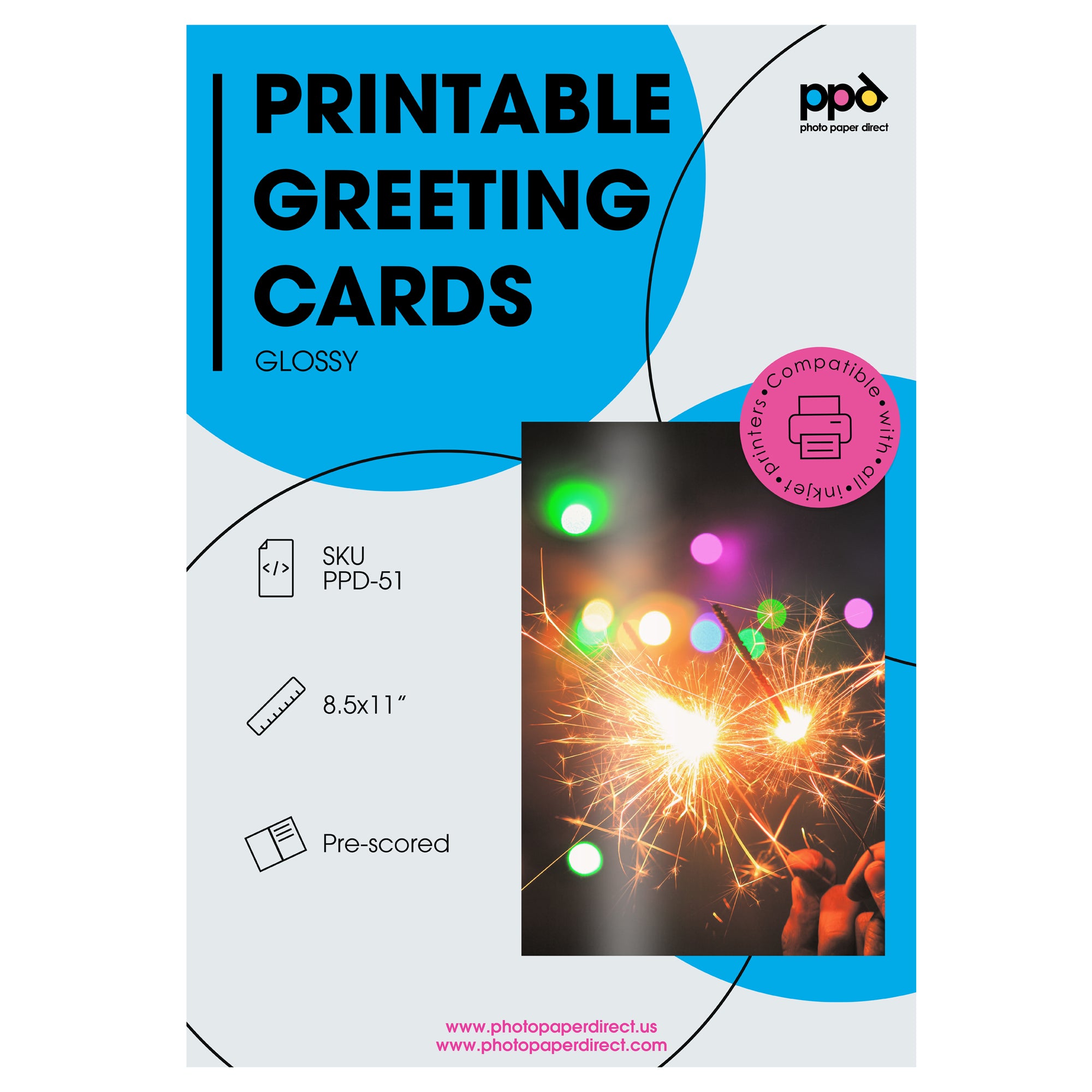 Inkjet Printable Greeting Cards Glossy 8.5 x 11" 64lb. 240gsm 10.9mil PPD-51